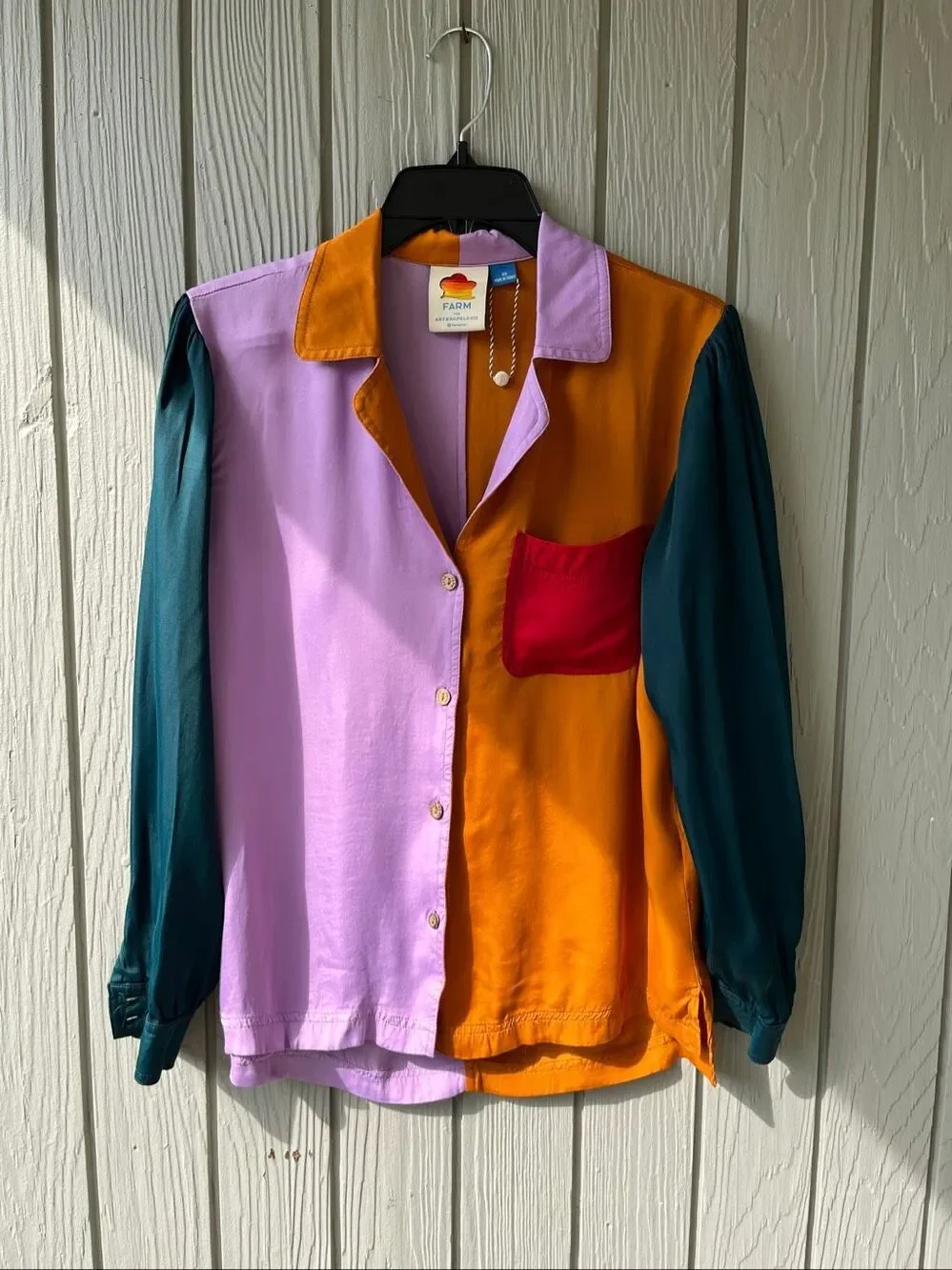 Farm Rio for Anthropologie Colorblock Puff Sleeve Button Down Blouse XS